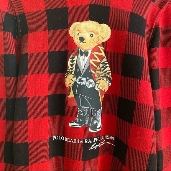Polo Ralph Lauren Polo Bear Fleece Red Black Check Hoodie Sweatshirt - Picture 8 of 11